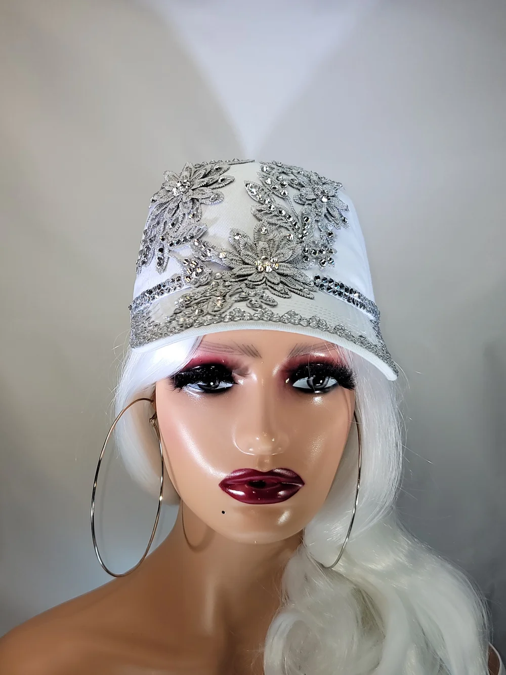 Embellished White Floral Rhinestone Baseball Cap - Picture 11 of 11